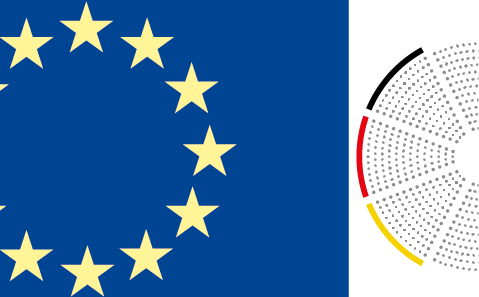 Dieses Bild zeigt schematisch die Flagge der Europäischen Union und das Europäische Parlament. © Der Bundeswahlleiter